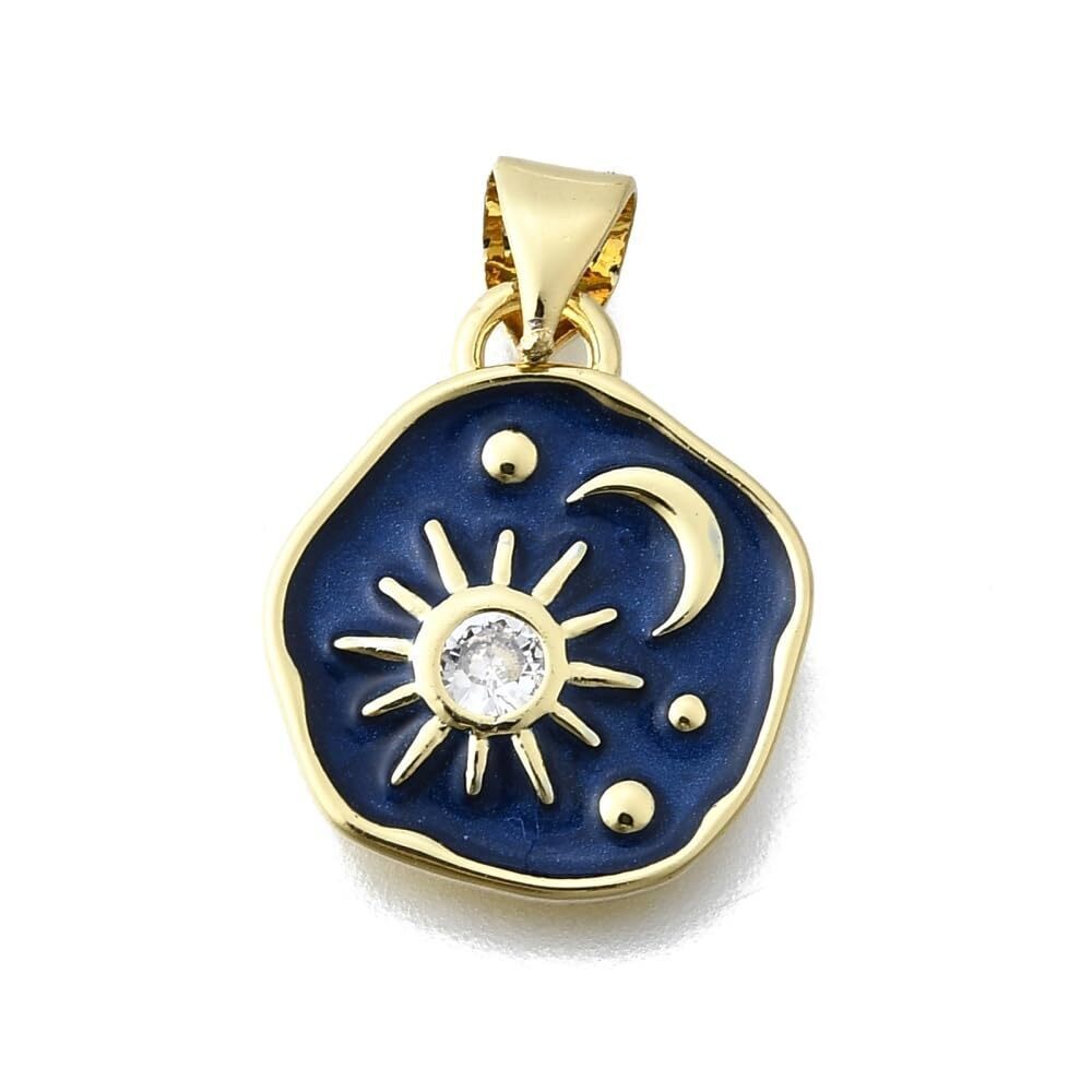 1051 10Pcs Creative Flat Round Celestial Charms Brass Micro Pave Cubic